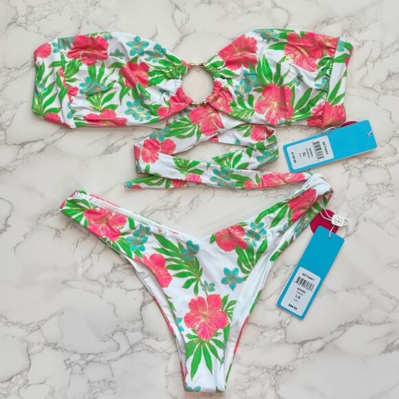 Beach Bunny Bethany Bandeau XL & Bethany Tango Bottom L Pink Jungle Floral $218 - Picture 11 of 14